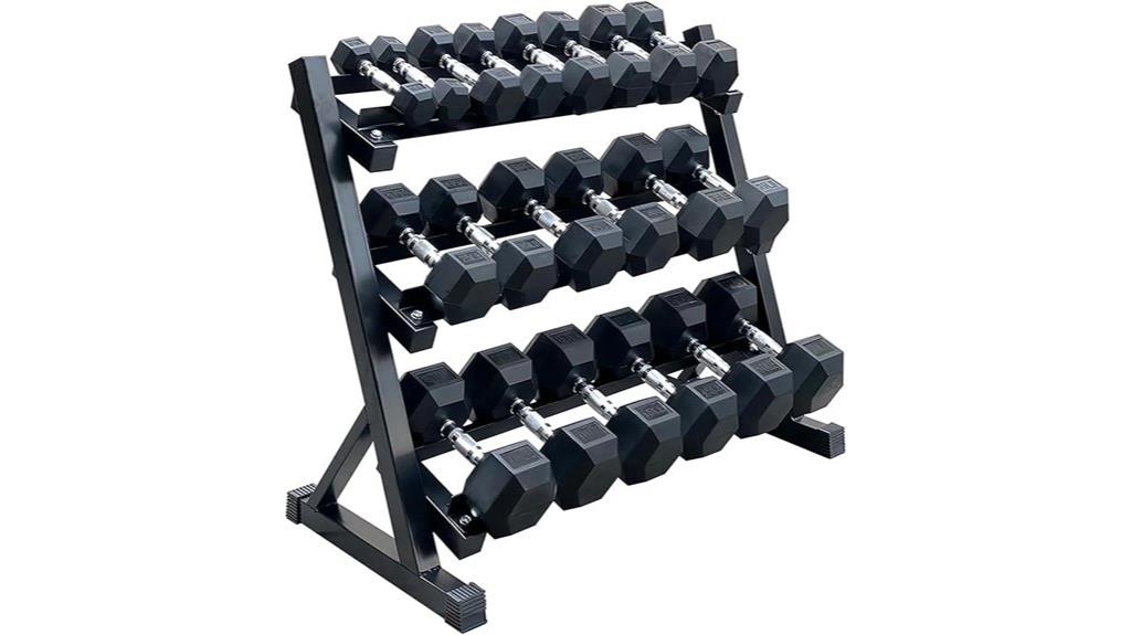 hex dumbbell set with rack