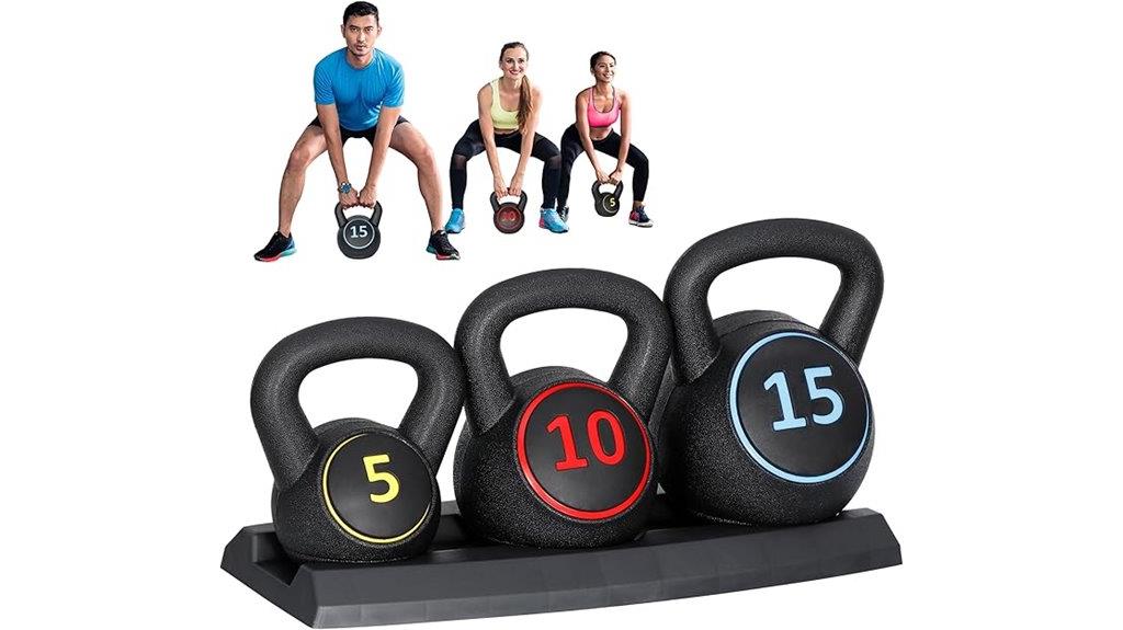 three kettlebells with rack
