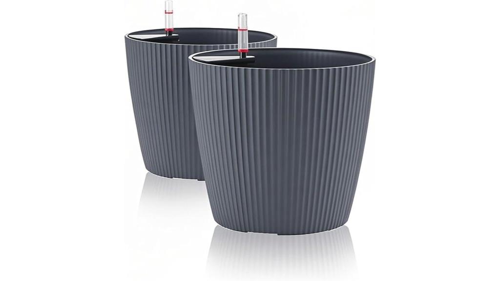 two gray watering planters