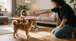 Owner asks dog to bring cat playing with kid back