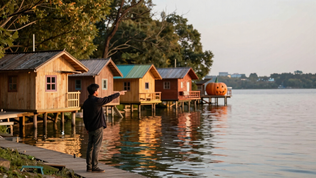treehouses, boat houses, and pumpkin cottages scatter along wuhan’s lakeshore