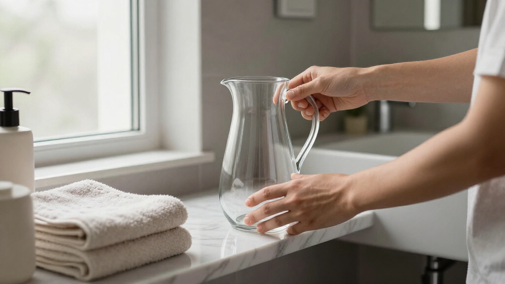 I Put A Glass Pitcher In My Bathroom, And It’s The Chicest Storage Trick